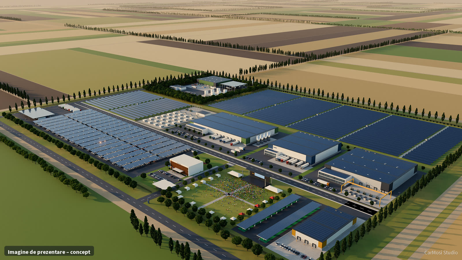 Aerial view of the solar park, energy storage and the park’s halls
